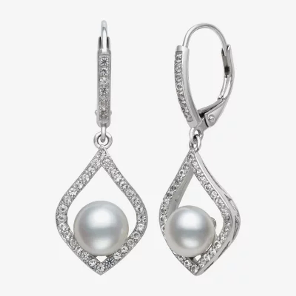 White Cultured Freshwater Pearl Sterling Silver Diamond Pear Drop Earrings