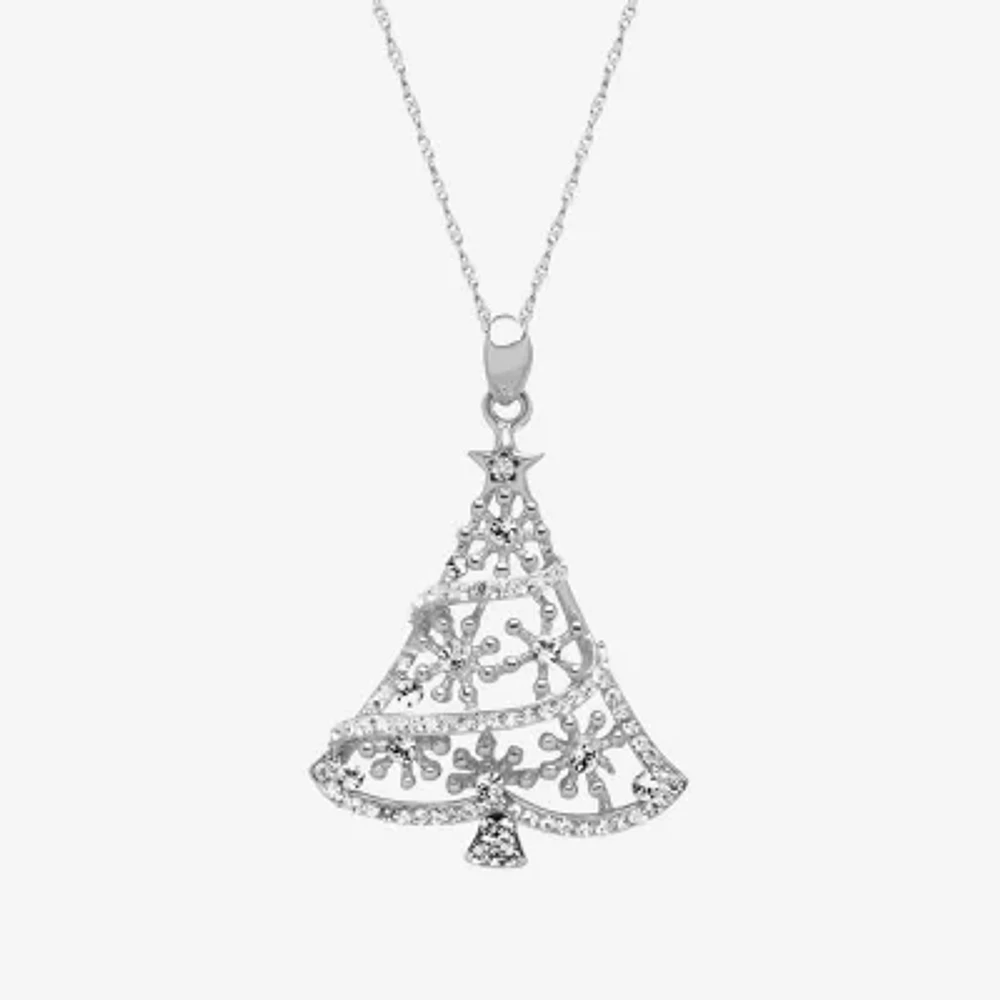 Christmas Tree Womens White Crystal Sterling Silver Pendant Necklace