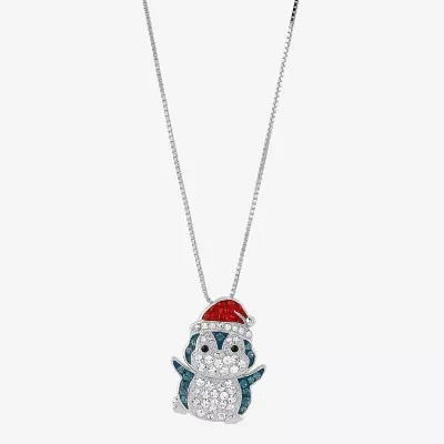 Christmas Penguin Womens Multi Color Crystal Sterling Silver Pendant Necklace