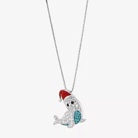 Christmas Seal Womens Multi Color Crystal Sterling Silver Pendant Necklace