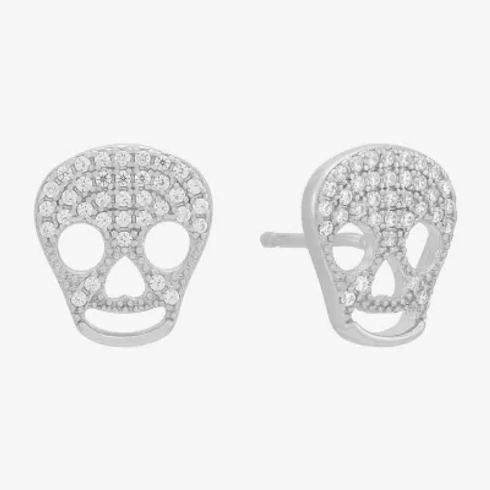 White Cubic Zirconia Sterling Silver 11.3mm Skull Stud Earrings