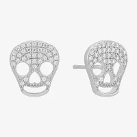 White Cubic Zirconia Sterling Silver 11.3mm Skull Stud Earrings