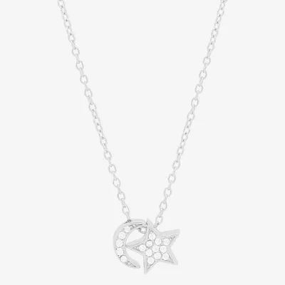 Womens White Cubic Zirconia Sterling Silver Moon Star Pendant Necklace