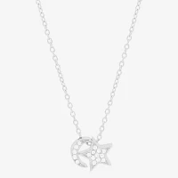 Womens White Cubic Zirconia Sterling Silver Moon Star Pendant Necklace