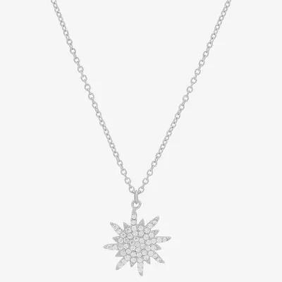 Womens White Cubic Zirconia Sterling Silver Star Sunburst Pendant Necklace