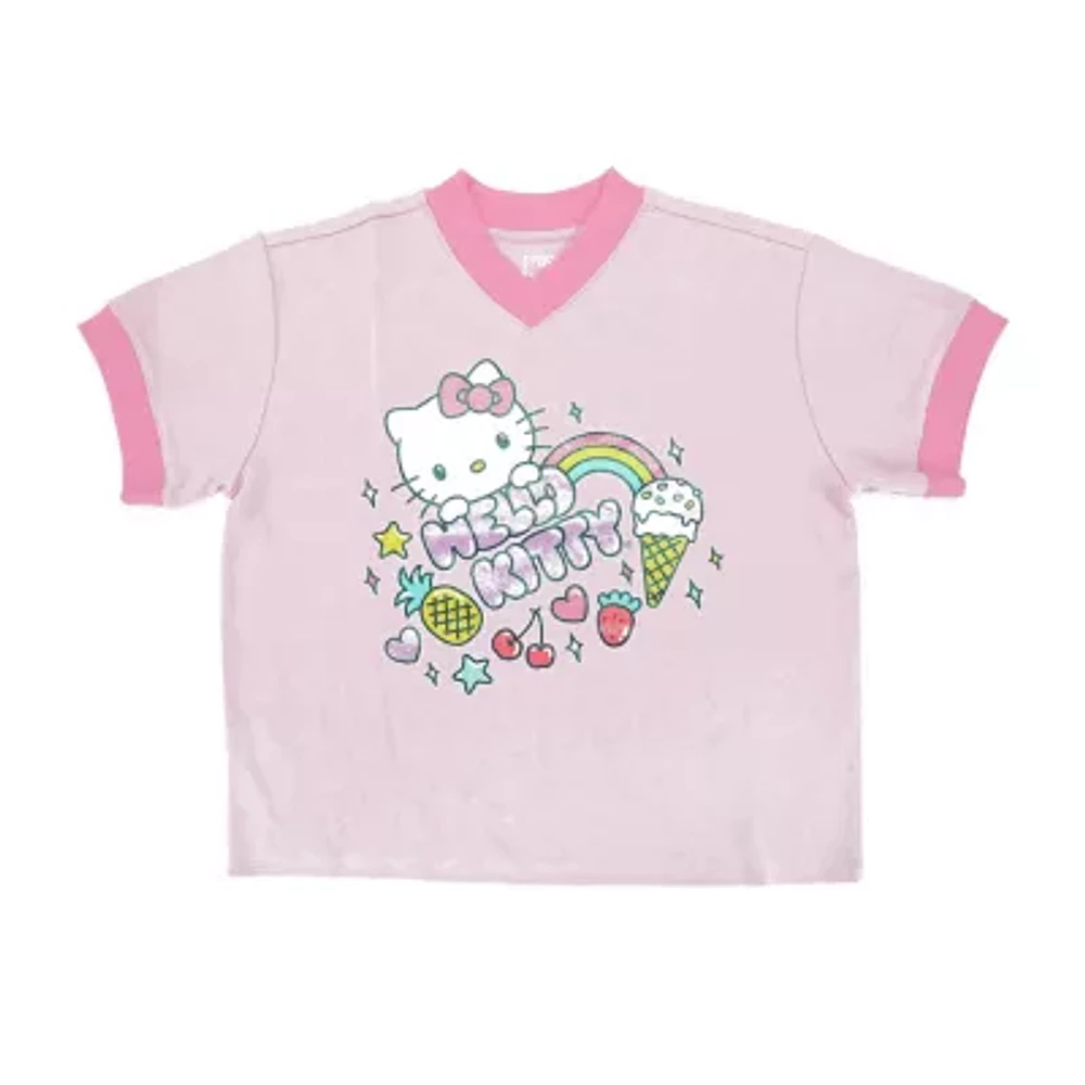 Juniors Hello Kitty Rainbow Womens V Neck Short Sleeve Graphic T-Shirt