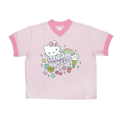 Juniors Hello Kitty Rainbow Womens V Neck Short Sleeve Graphic T-Shirt