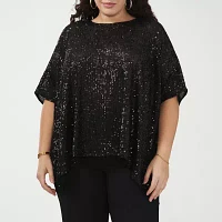 MSK Plus Womens Round Neck Short Sleeve Sequin Blouse