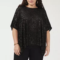 MSK Plus Womens Round Neck Short Sleeve Sequin Blouse