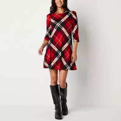 Jessica Howard Plaid Womens 3/4 Sleeve Shift Dress Petite