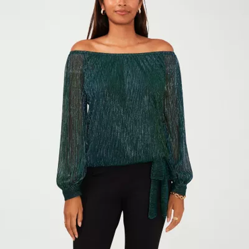 MSK Petite Womens Straight Neck Long Sleeve Blouse