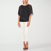 MSK Petite Womens Crew Neck Short Sleeve Embellished Blouse