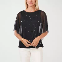 MSK Petite Womens Crew Neck Short Sleeve Embellished Blouse