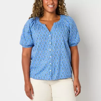 St. John's Bay Tall Womens Split Crew Neck Short Sleeve Blouse