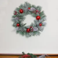 Flocked Pine with Red Ornaments Artificial Christmas Wreath  24-Inch  Unlit