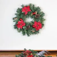 Pine  Poinsettia  Berry and Pine Cone Artificial Christmas Wreath  24-Inch  Unlit