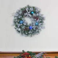 Flocked Pine with Blue and Silver Ornaments Artificial Christmas Wreath  24-Inch  Unlit