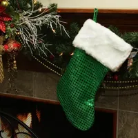 18'' Green and White Faux-Fur Cuffed Disco Sequined Christmas Stocking