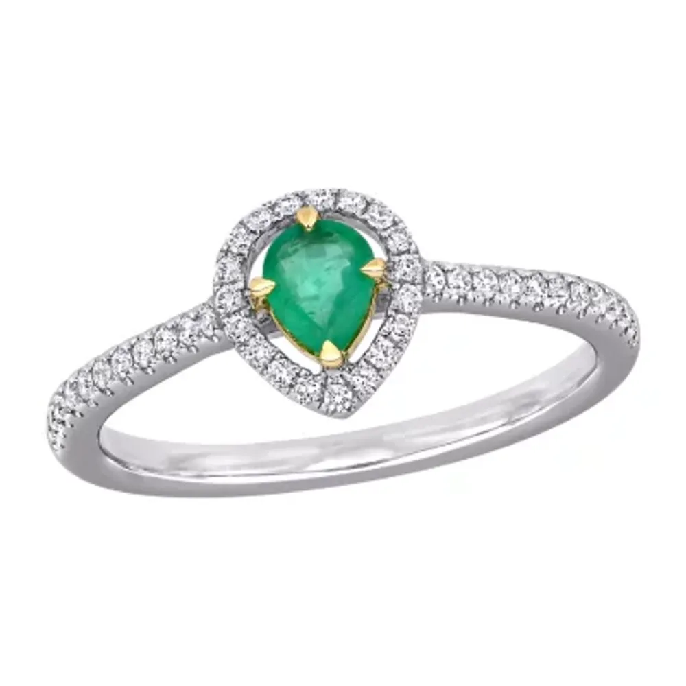 Womens 1/5 CT. Genuine Green Emerald 14K Two Tone Gold Halo Cocktail Ring