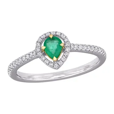 Womens 1/5 CT. Genuine Green Emerald 14K Two Tone Gold Halo Cocktail Ring