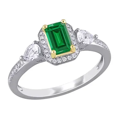 Womens 1/8 CT. T.W. Genuine Green Emerald 14K Two Tone Gold Halo 3-Stone Cocktail Ring