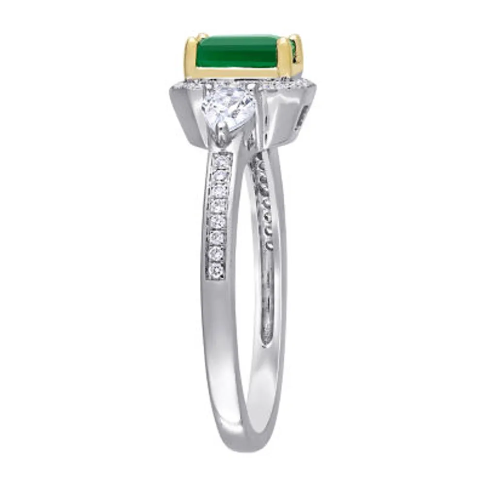 Womens 1/8 CT. T.W. Genuine Green Emerald 14K Two Tone Gold Halo 3-Stone Cocktail Ring