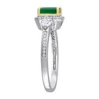 Womens 1/8 CT. T.W. Genuine Green Emerald 14K Two Tone Gold Halo 3-Stone Cocktail Ring