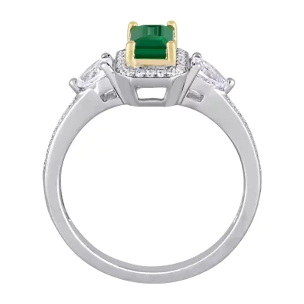 Womens 1/8 CT. T.W. Genuine Green Emerald 14K Two Tone Gold Halo 3-Stone Cocktail Ring