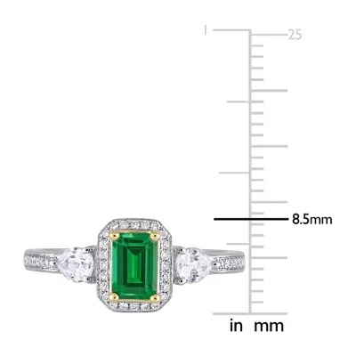 Womens 1/8 CT. T.W. Genuine Green Emerald 14K Two Tone Gold Halo 3-Stone Cocktail Ring