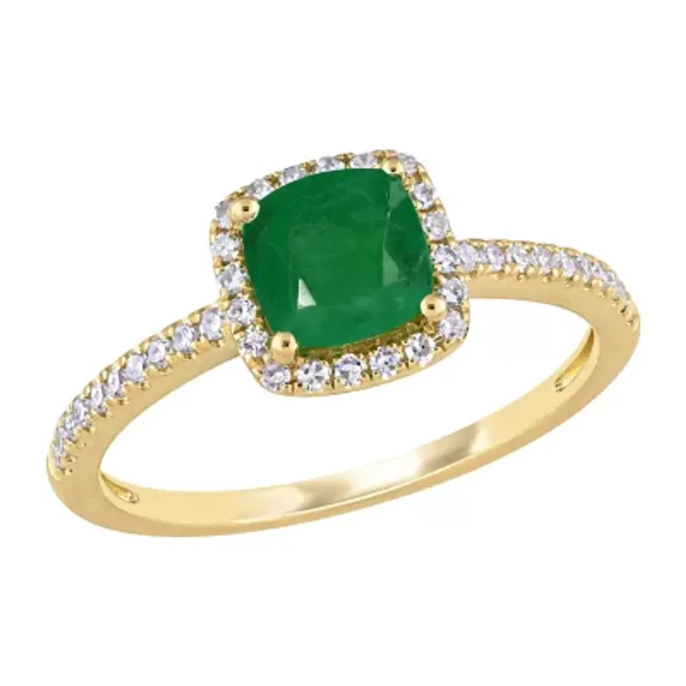 Womens 1/5 CT. Genuine Green Emerald 14K Gold Halo Cocktail Ring