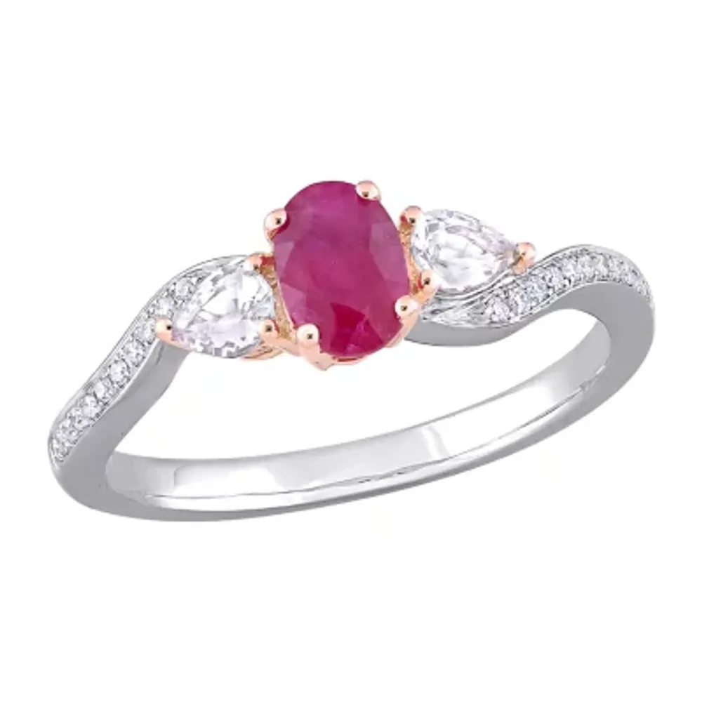 Womens Diamond Accent Lead Glass-Filled Red Ruby 14K Two Tone Gold 3-Stone Cocktail Ring