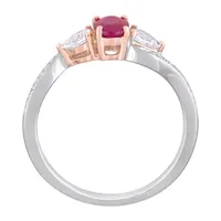 Womens Diamond Accent Lead Glass-Filled Red Ruby 14K Two Tone Gold 3-Stone Cocktail Ring