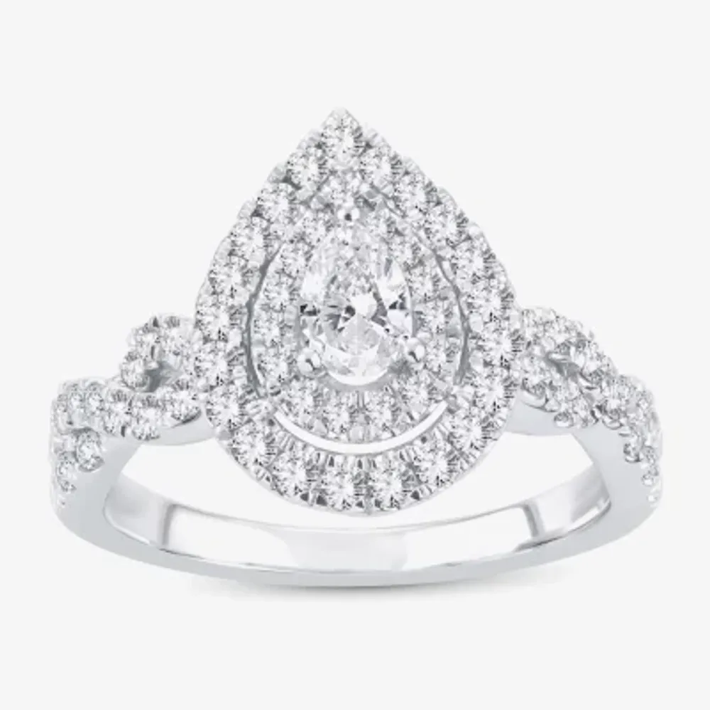 (H-I / I1) 1 CT. T.W. Lab Grown Diamond Pear Shape Side Stone Halo Engagement Ring 10K or 14K White Gold