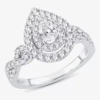 (H-I / I1) 1 CT. T.W. Lab Grown Diamond Pear Shape Side Stone Halo Engagement Ring 10K or 14K White Gold