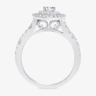 (H-I / I1) 1 CT. T.W. Lab Grown Diamond Pear Shape Side Stone Halo Engagement Ring 10K or 14K White Gold