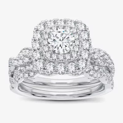 Signature By Modern Bride 1 CT.T.W. Natural Diamond Cushion Shape Side Stone Halo Bridal Set 10K or 14K Gold