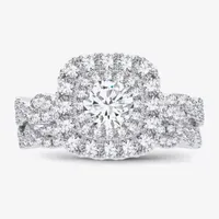 Signature By Modern Bride 1 CT.T.W. Natural Diamond Cushion Shape Side Stone Halo Bridal Set 10K or 14K Gold