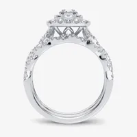 Signature By Modern Bride 1 CT.T.W. Natural Diamond Cushion Shape Side Stone Halo Bridal Set 10K or 14K Gold