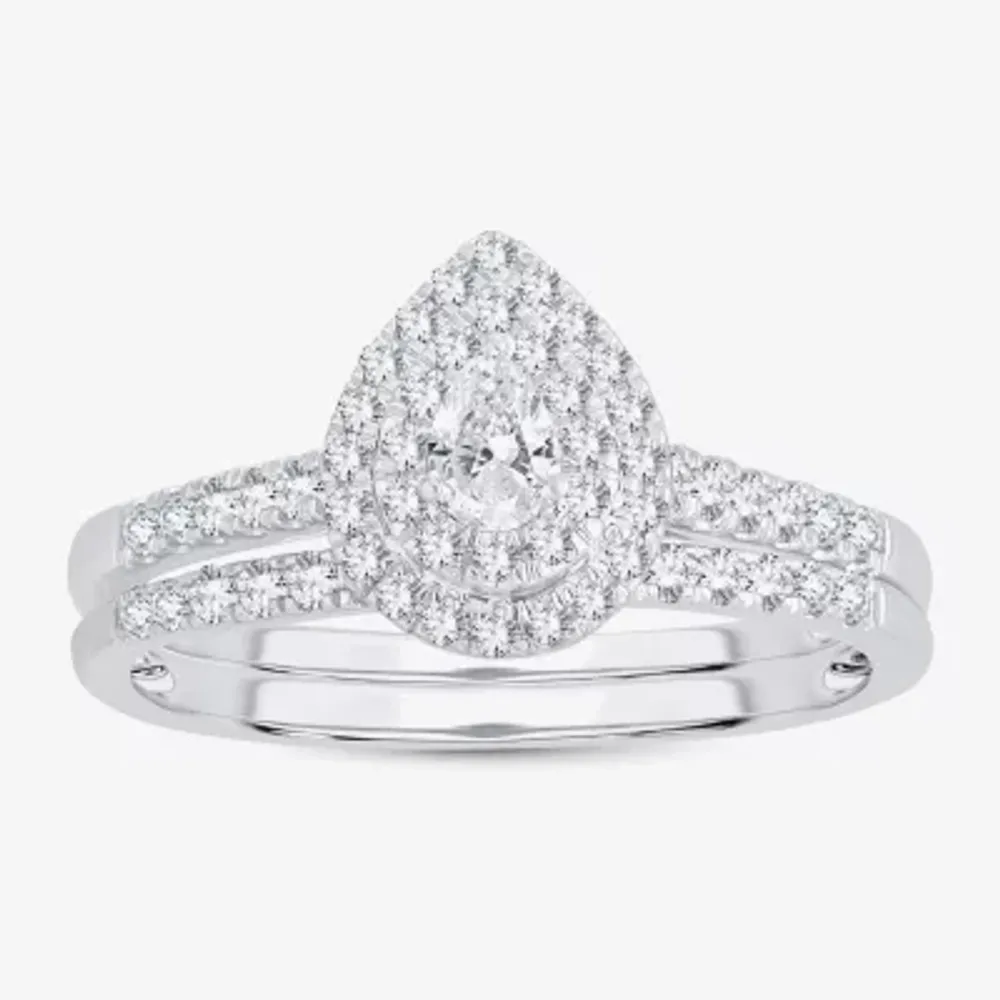 1/2 CT.T.W. Natural Diamond Pear Shape Side Stone Halo Bridal Set 10K or 14K White Gold