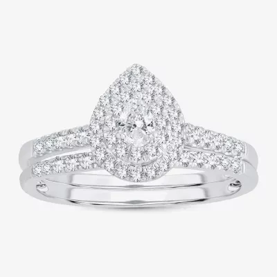 1/2 CT.T.W. Natural Diamond Pear Shape Side Stone Halo Bridal Set 10K or 14K White Gold