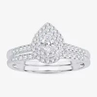 1 1/2 CT.T.W. Natural Diamond Pear Shape Side Stone Halo Bridal Set 10K or 14K White Gold