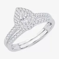 1 1/2 CT.T.W. Natural Diamond Pear Shape Side Stone Halo Bridal Set 10K or 14K White Gold