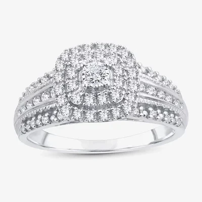 1/2 CT.T.W. Natural Diamond Cushion Shape Side Stone Halo Engagement Ring 10K or 14K White Gold