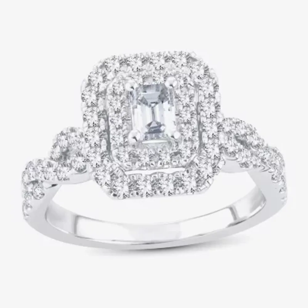 (H-I / I1) 1 CT. T.W. Lab Grown Diamond Cushion Shape Side Stone Halo Engagement Ring 10K or 14K White Gold