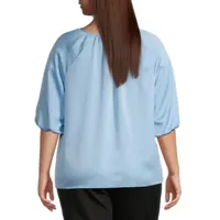 Worthington Womens Y Neck Elbow Sleeve Blouse