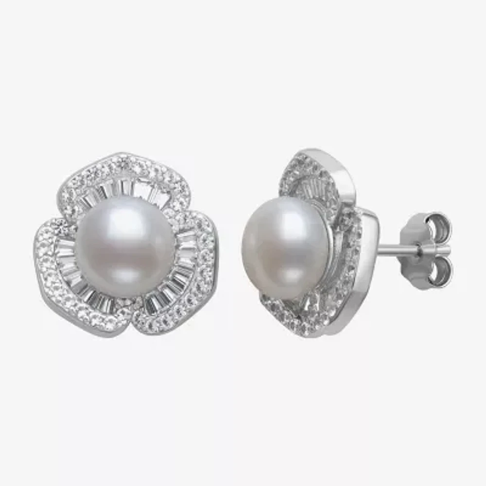 White Cultured Freshwater Pearl Sterling Silver Flower Drop Earrings