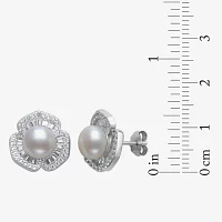 White Cultured Freshwater Pearl Sterling Silver Flower Drop Earrings