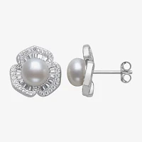 White Cultured Freshwater Pearl Sterling Silver Flower Drop Earrings