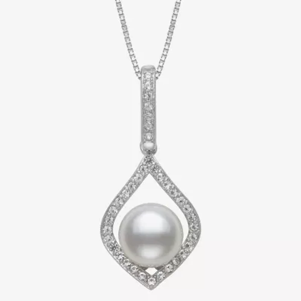 Womens White Cultured Freshwater Pearl Sterling Silver Diamond Pear Pendant Necklace