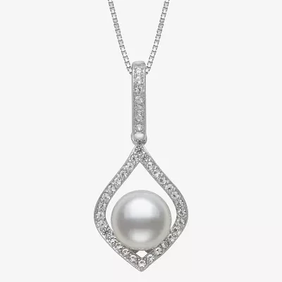 Womens White Cultured Freshwater Pearl Sterling Silver Diamond Pear Pendant Necklace